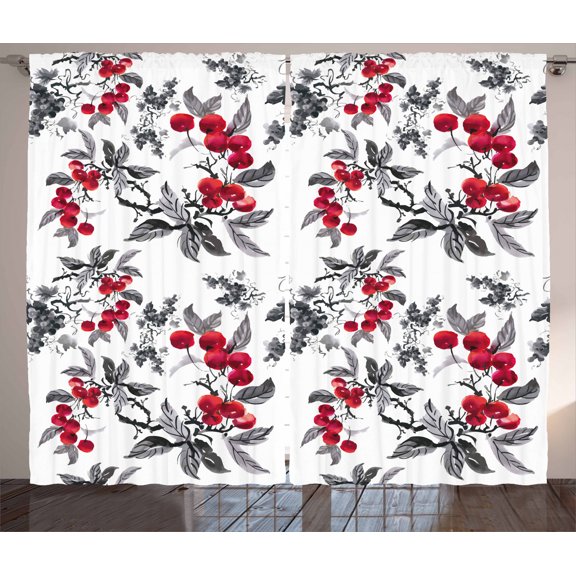 Ambesonne Rowan Curtains 2 Panel Set, Abstract Botany Garden, 108" x 63", Ruby Grey Black