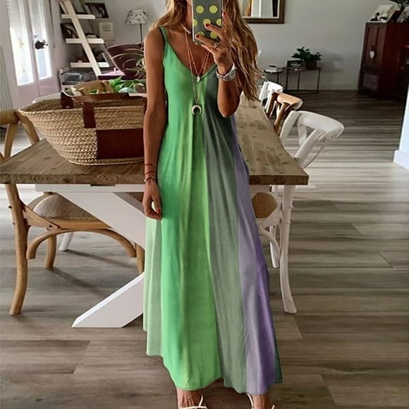 Wefuesd Womens Fashion Dresses For Women 2023 Women'S Ladies Plus Size Loose Stripe Sleeveless V-Collar Long Dress Maxi Dress Green S