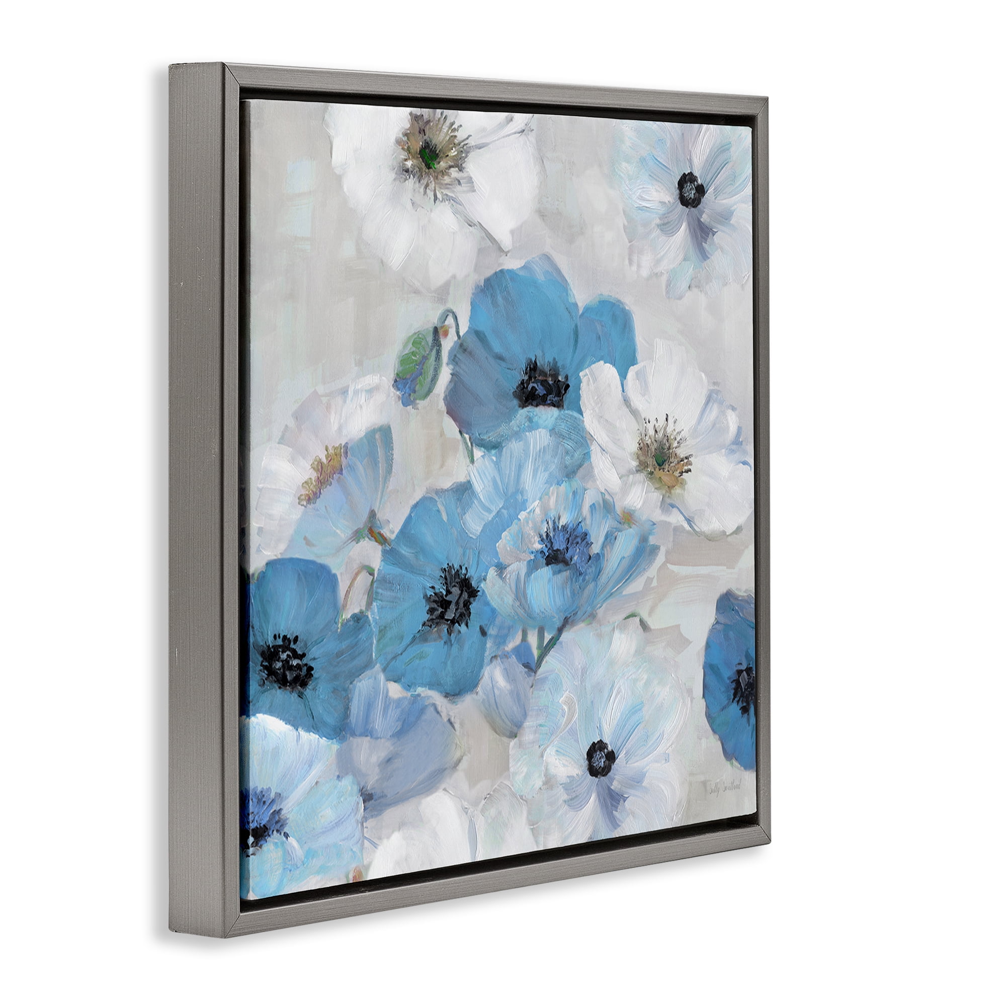 Stupell Industries Blue & White Flowers Plants & Flowers Painting Gray Floater Framed Canvas Art Print Wall Art, 18 x 18