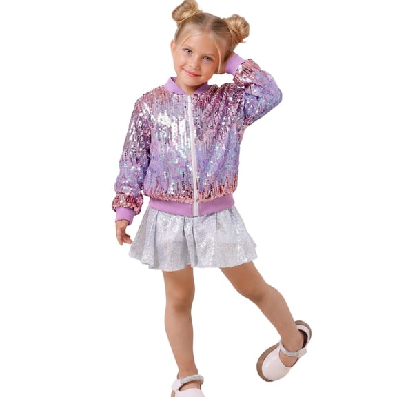 Lkhaha Girls Gradient Sequin Bomber Jacket Glitter Long Sleeve Zipper Party Outerwear Multicolour1 4-5 Years