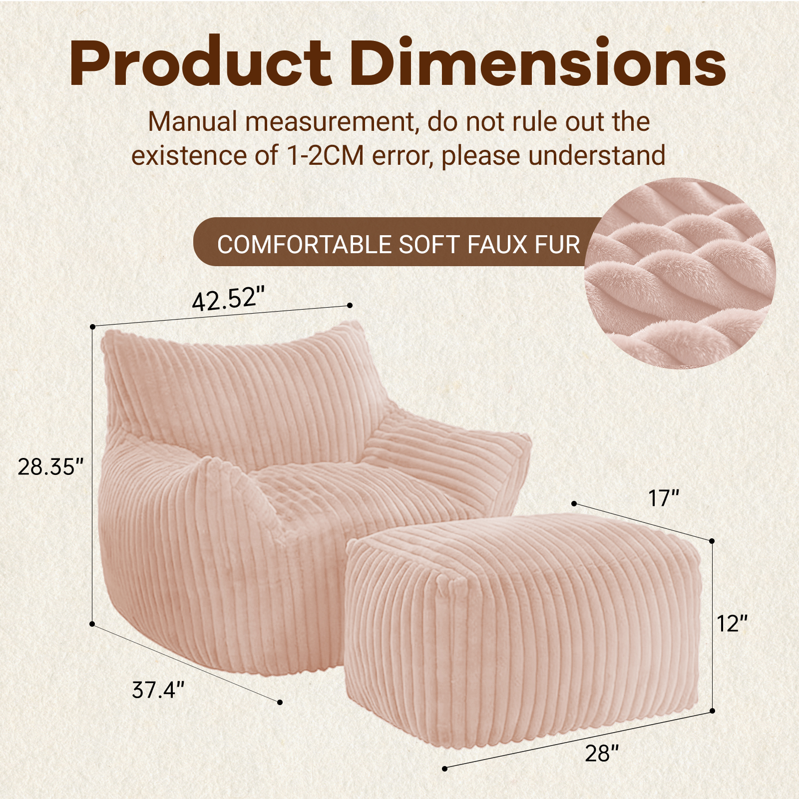 Sofa Chair with Ottoman, 5-Zone Ergonomic Support Suede Chair, High-Rebound Foam and Wide Armrests, Compact Boxed Delivery for Small Apartments, Pink