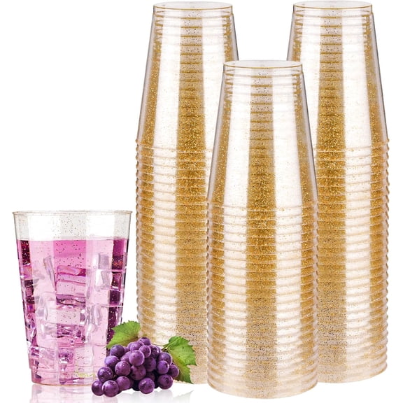 Goodluck 50 Pack 12 oz Gold Glitter Plastic Cups, Disposable Cocktail Glasses for Wedding, Birthday, Party and Holiday