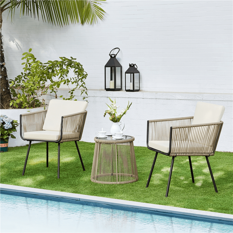 Alden Design 3 Piece Outdoor Metal Frame Wicker Bistro Set 2 Chairs and Tempered Glass Top Side Table Tan Walmart