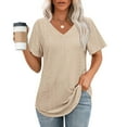 thumbnail image 2 of Otntypg Women's V Neck Tunic Blouse Dressy Lace Crochet Eyelet Embroidery Short Sleeve Tops Shirts Solid Retro Plain Casual Holiday Beach Vacation T-Shirts Khaki L, 2 of 9