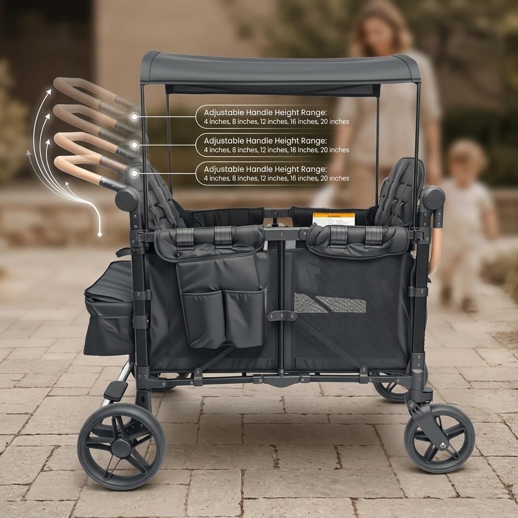 Stroller Wagon for 4 Kids, Foldable Push Wagon with Sturdy Iron Frame, Adjustable Handle, Canopy, Foot Brake & Storage Bags for Outdoor Camping and Family Travel