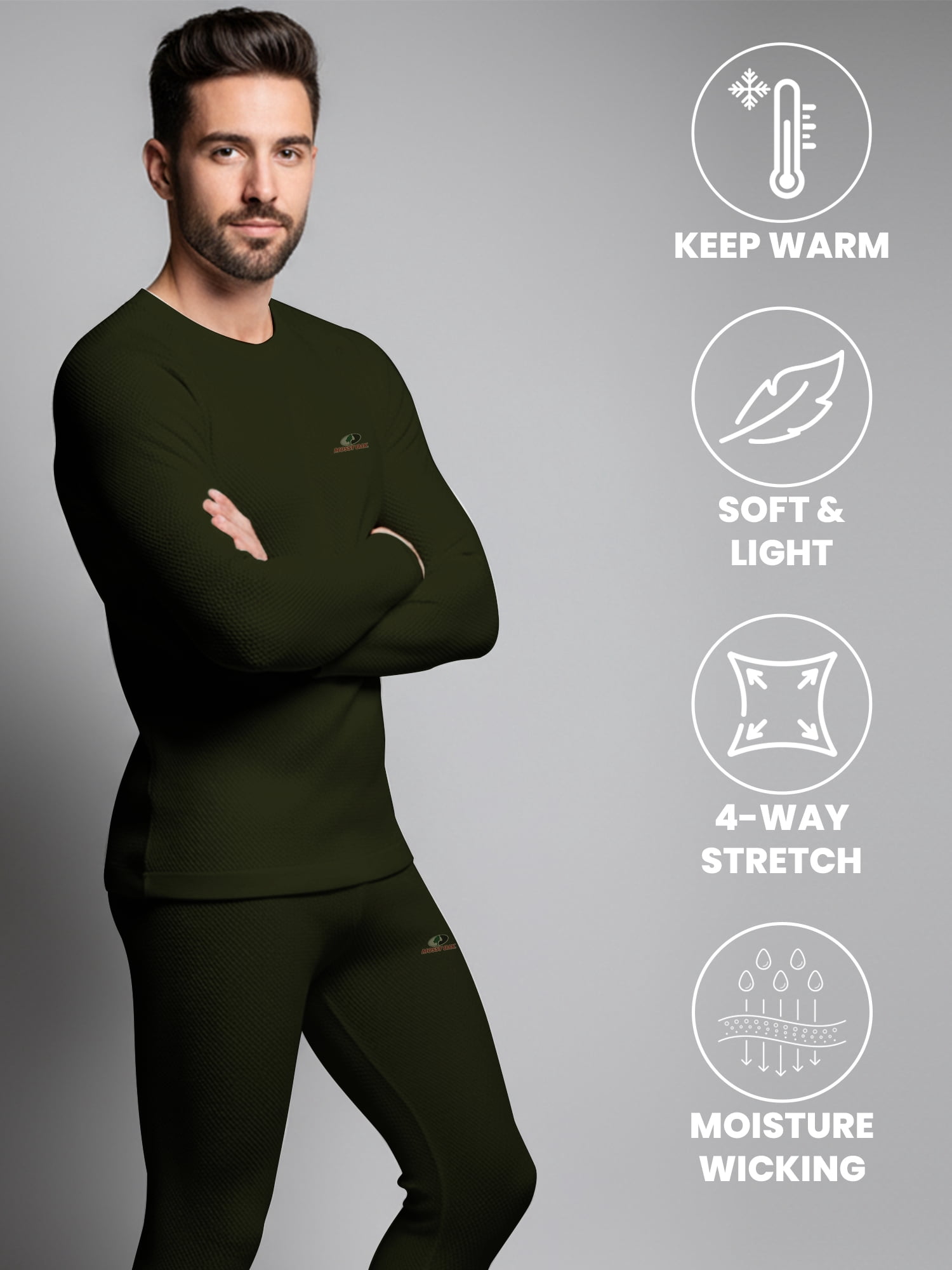 Mossy Oak Mens Thermal Underwear Set Insulated Shirt & Long Johns, Forest Night Small