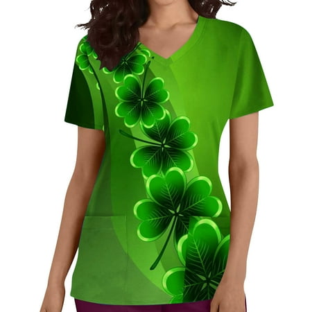 

Scrub Tops for Womens St. Patrick s Day Funny Printed Nurse Working Uniforms Casual Short Sleeve Medical Scrub Shirts