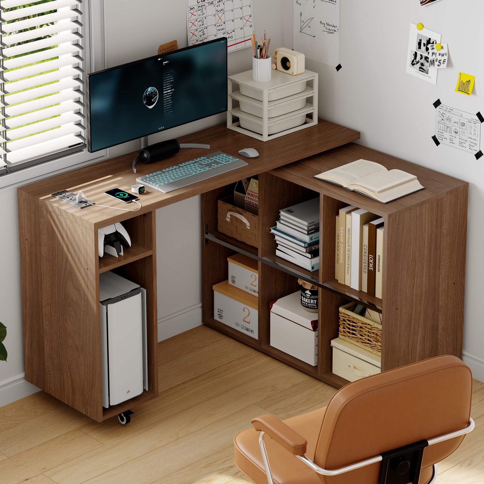 BOSHIRO 360° Rotating L-Shaped Computer Desk with Storage Shelves, Adjustable Swivel Arm Writing Table for Home Office or Bedroom, Rustic Brown Finish