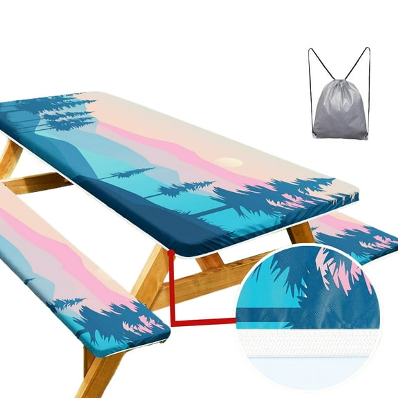 Picnic Table Cover with Bench Covers Camping Essentials Waterproof Windproof Camping Tablecloth with Drawstring Bag, Fitted Rectangle Tables and Seats, 72in
