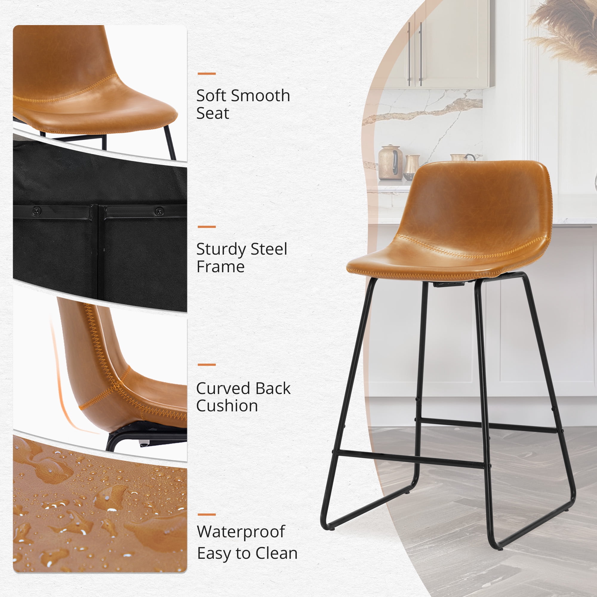 DYCANPO 24" Bar Stools Set of 3, Faux Leather, Whisky Brown, Comfortable and Durable for Kitchen Island
