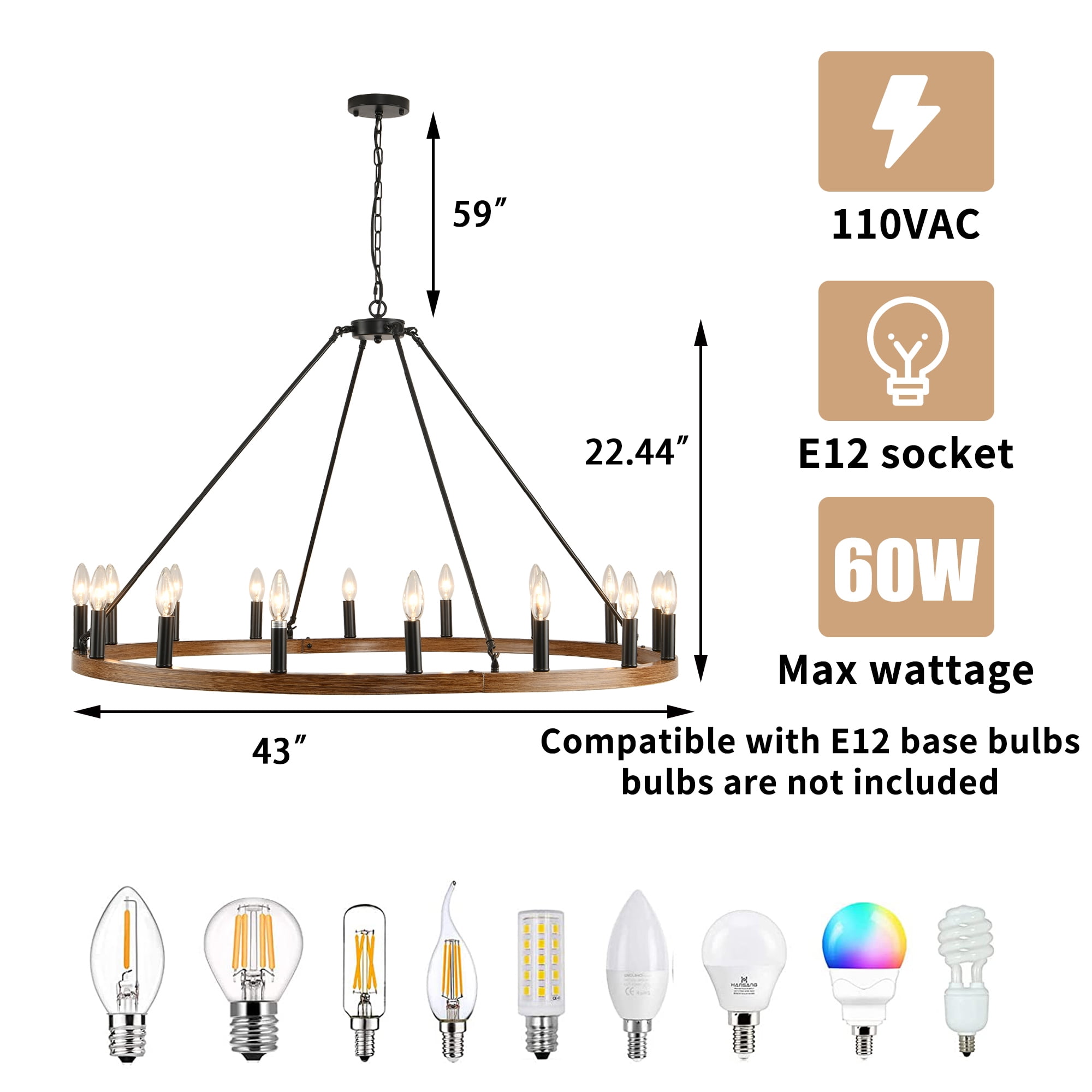 Magic Home 16-Light Big Wagon Wheel Chandelier,Modern Farmhouse Large Light Fixtures Large Round Chandelier,Round Kitchen Island Light,walnut color frame + black lamp head