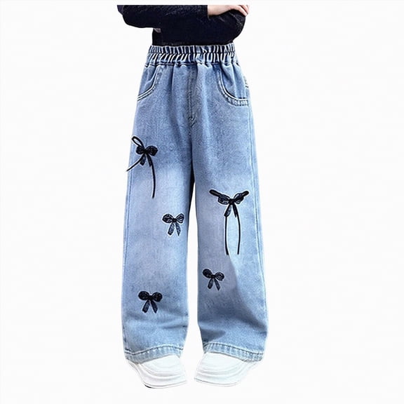 kpoplk Kids Girls' Fashion Elastic Waist Wide Leg Baggy Denim Pants Straight Washed Loose Jeans(Blue,7-8 Y)