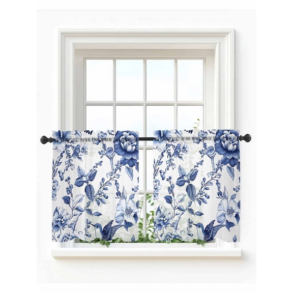 White Blue Spring Floral Tier Curtains 36 Inch Length,Sheer Curtains for Bedroom Living Room Window Summer Botanical Hummingbird Small Half Window Kitchen Curtains & Drapes 27.5"x36" 2 Panels