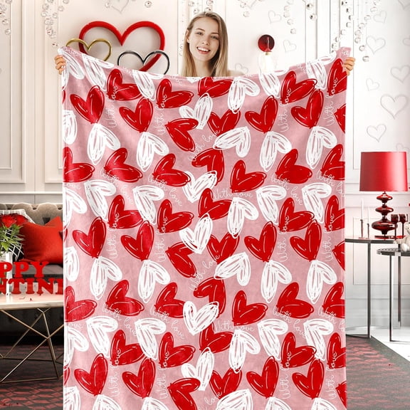 Valentine''s Day Fuzzy Blanket Pink Red White Heart Throw Blanket 50 x 60 Inch Sweet Love Flannel Blanket for Home Chair Sofa Bed Couch