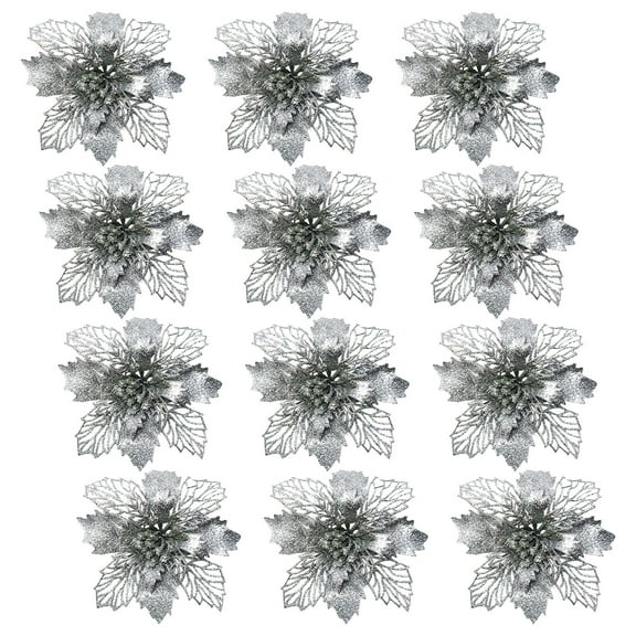 KCEHTA 12 Pcs Christmas Glitter Poinsettia Flowers, Christmas Tree Flowers with Clips, Poinsettia Artificial Christmas Flowers, Pointsetters Flowers for Christmas Trees, Wreaths, Garlands