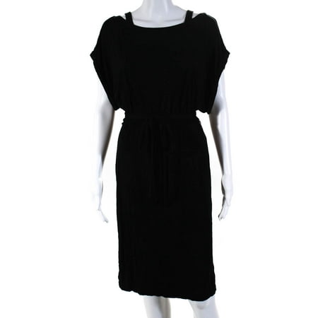 

Pre-owned|Three Dots Womens Belted Jersey Short Sleeve Sheath Dress Black Size Extra Small