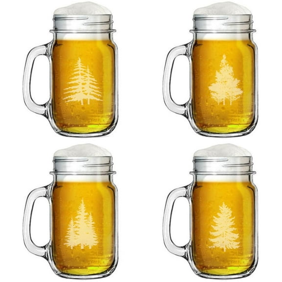 16oz Mason Jar Glass Mug w/Handle Gift Set of 4 Forest Trees Collection
