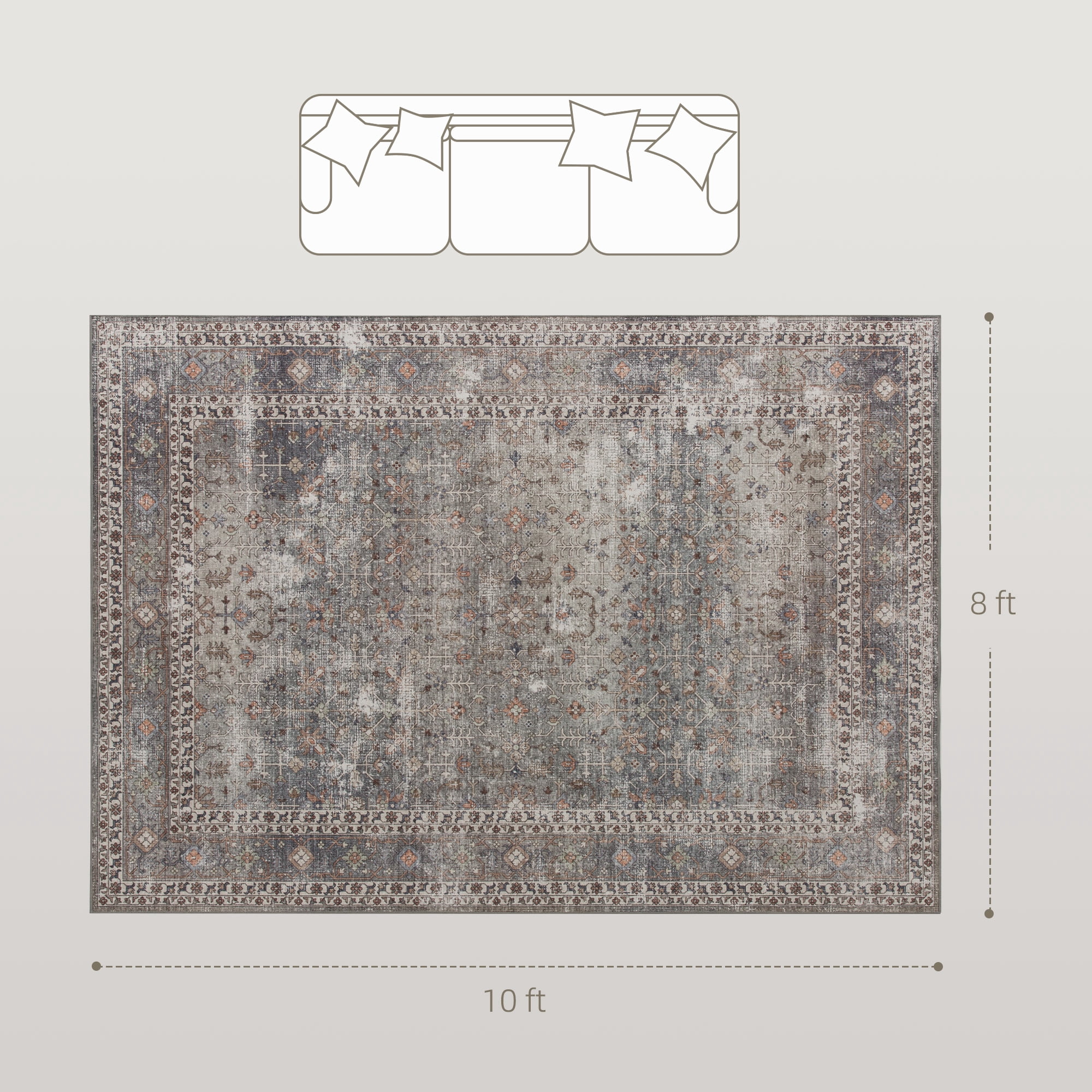 HOMCOM Machine Washable Area Rug 8x10, Non-Slip Chenille Traditional Floor Cover Foldable Carpet for Living Room, Bedroom, Dark Mixed-Brown
