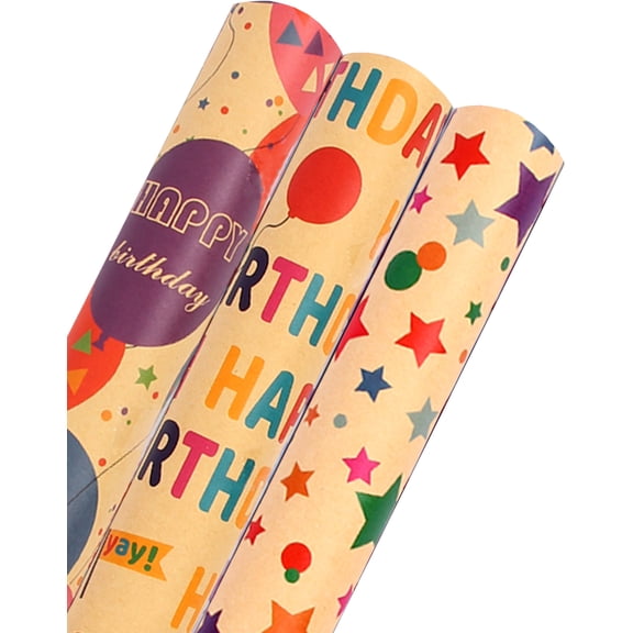 Kraft Birthday Wrapping Paper, Vintage Style Perfect for Men Women Kids Brown Kraft Wrap Paper with Colorful Balloons Stars Happy Birthday for Party - 3 Rolls, 17 inch X 120 inch Each