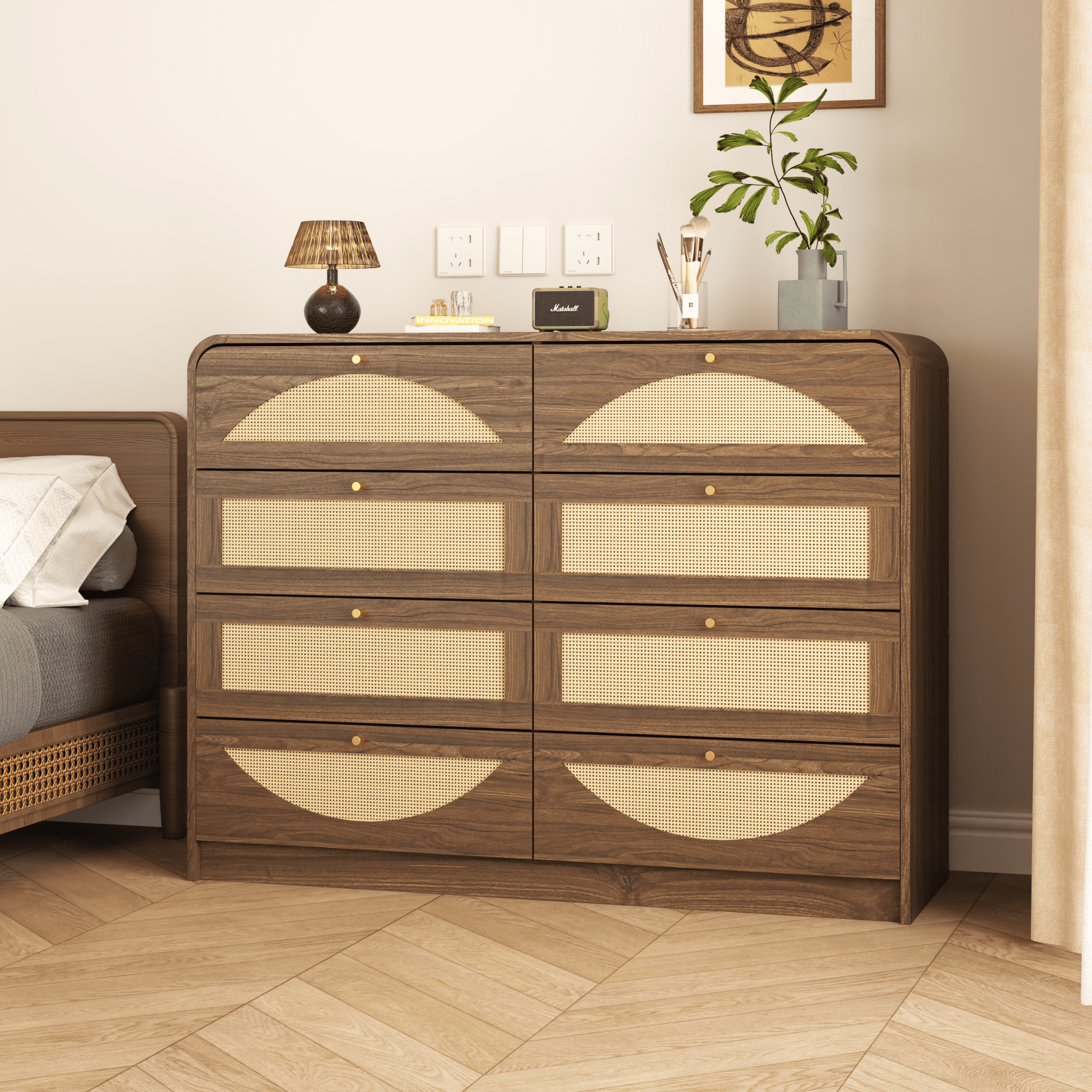 Leumius 8‑Drawer Dresser with Rattan Front, Wide Particle Board Chest of Drawers, Modern Wooden Storage Cabinet for Bedroom Living Room Walnut
