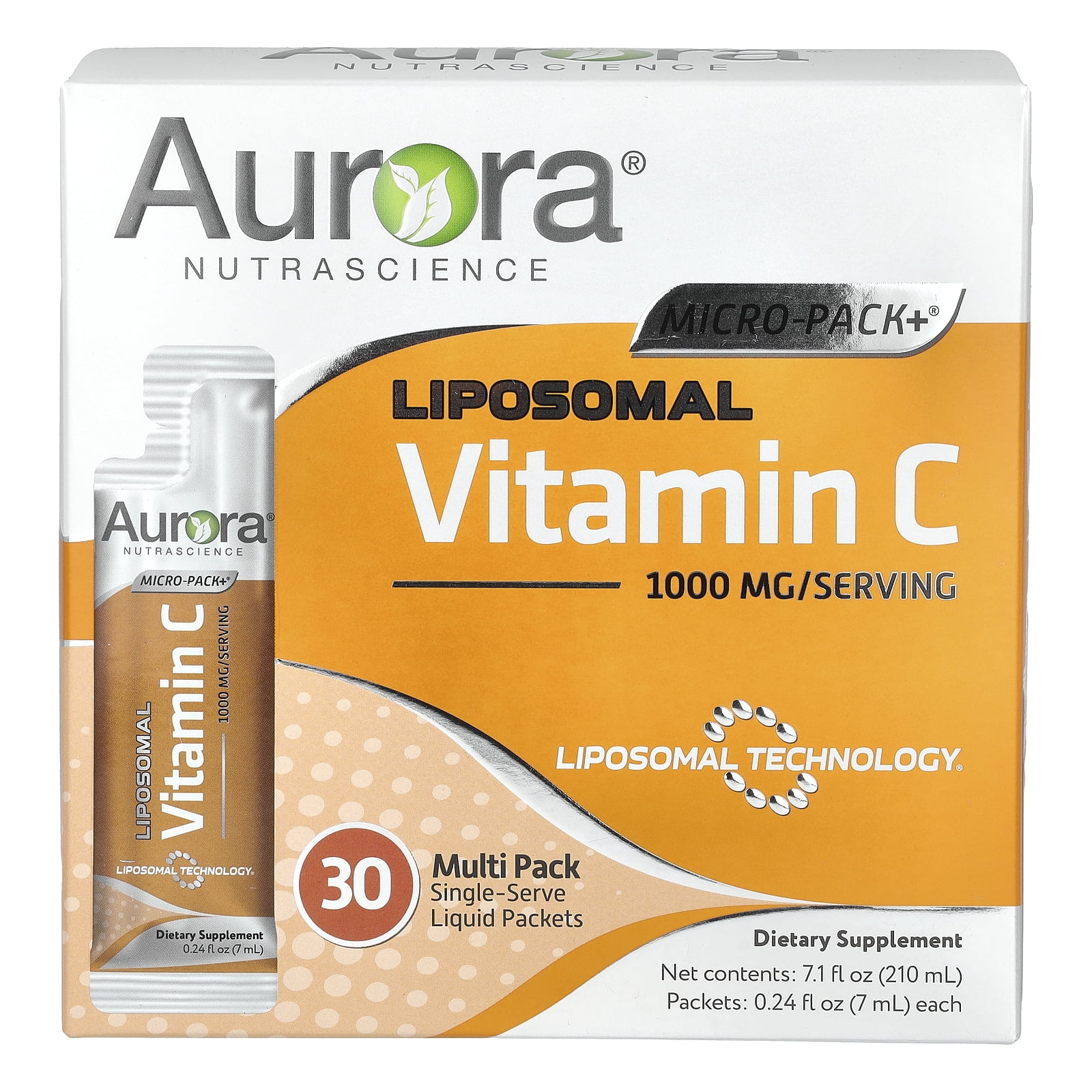 Aurora Nutrascience Micro-Pack+ Liposomal Vitamin C, 1,000 mg, 30 Single-Serve Liquid Packets, 0.24 fl oz (7 ml) Each