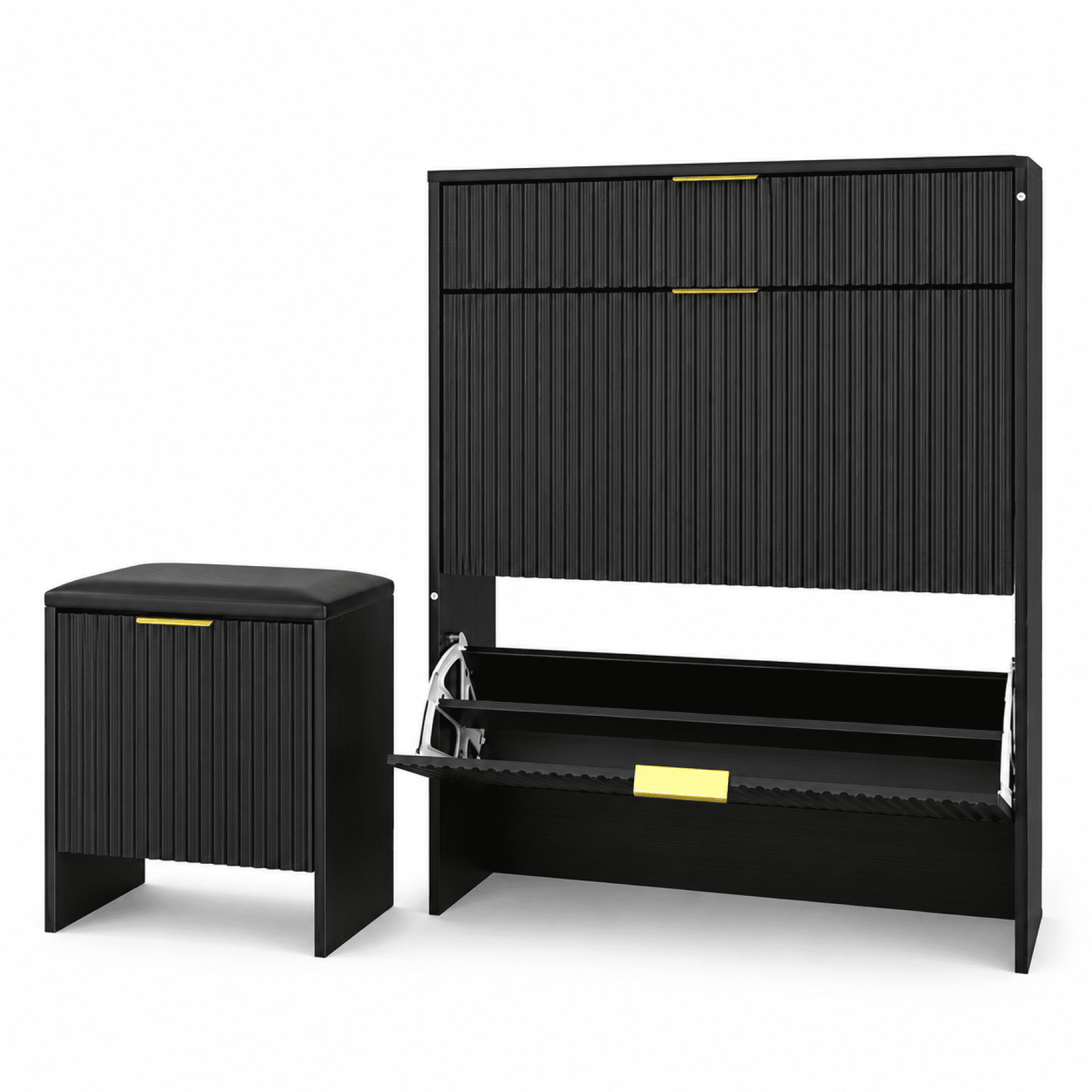 Leumius Shoe Cabinet with Padded Shoe Bench,Shoe Storage Cabinet Set for Entryway, Freestanding Shoe Storage Organizer for Entryway Hallway,Black