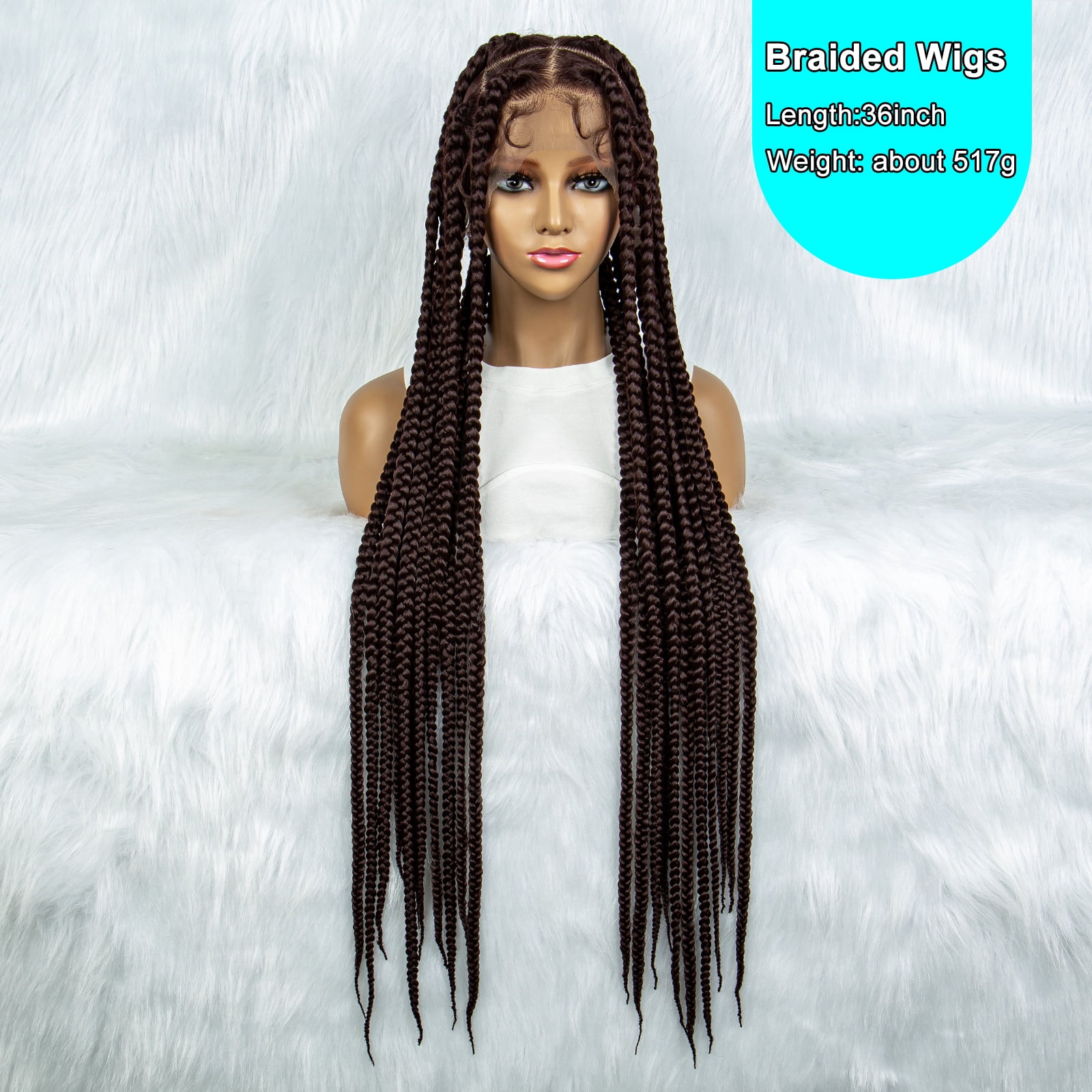Full Lace Cornrow Braids Synthetic Lace Front Wig Dark Brown 36 Inches Big Square Knotless Box Braids Wig with Baby Hair Braided Wigs for Black Women