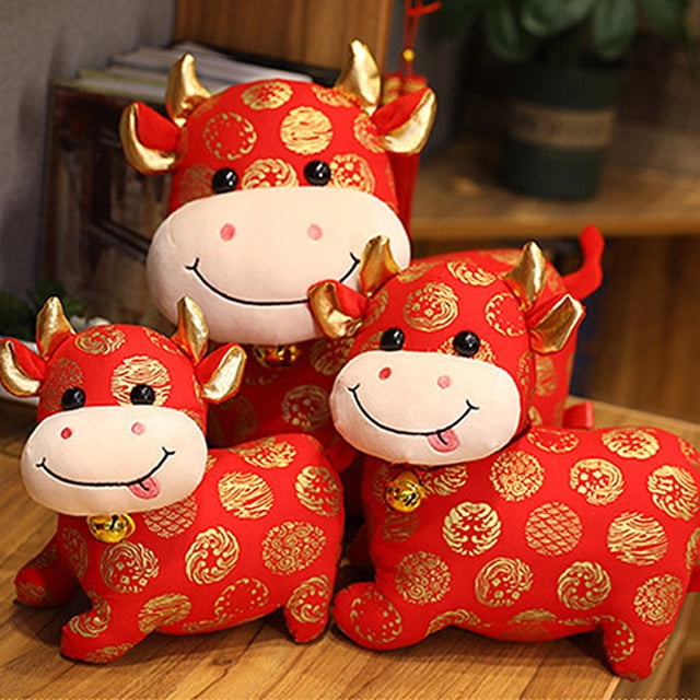 Pattern Print Cartoon Cow Plush Stuffed Doll Chinese New Year Decor Toy Mascot