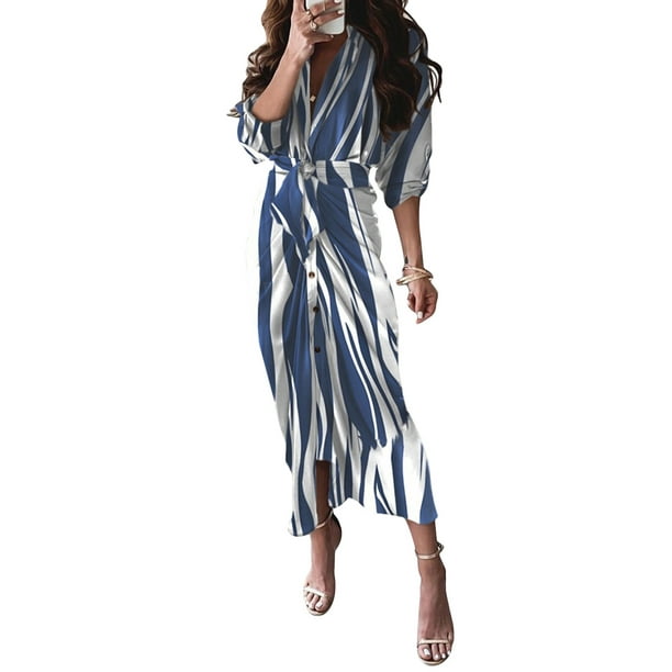VISgogo Vestido Casual para Mujer, Color Sólido/Rayas/Contraste de Color Impreso Manga Larga Cuello en V Vestido Largo VISgogo moda