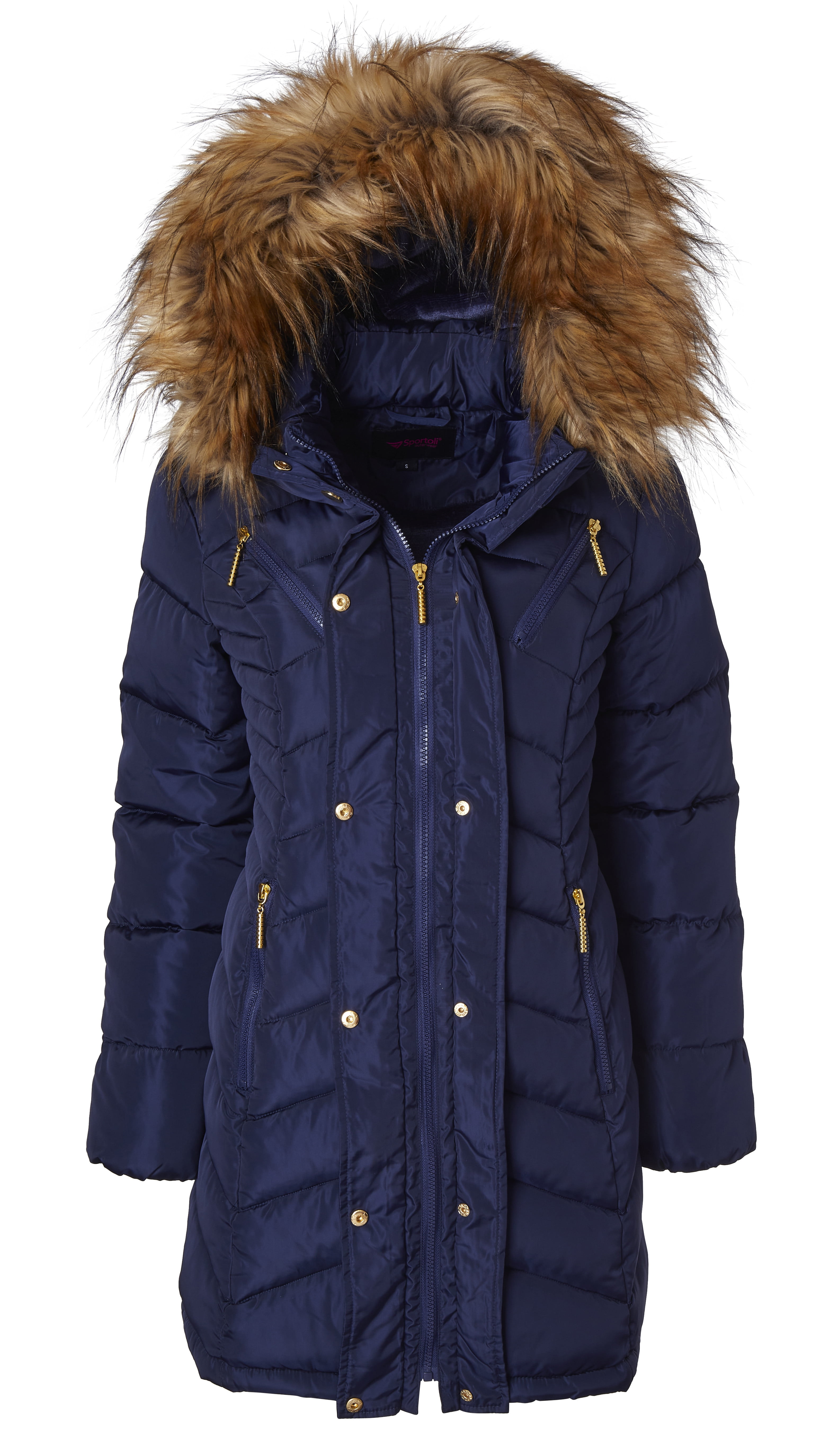 women's navy coat with fur hood
