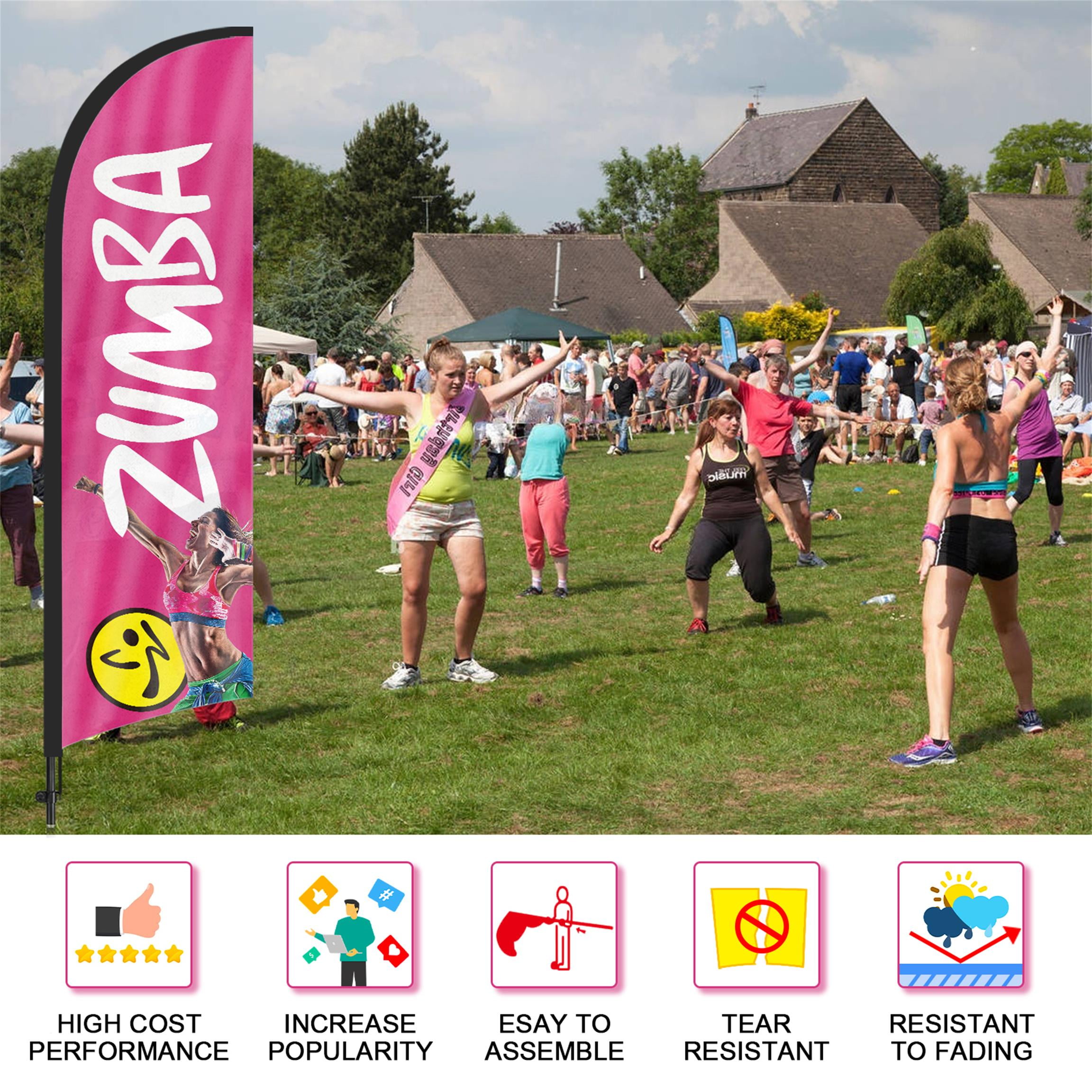 QSUM Zumba Feather Flag with Flag Pole Kit and Ground Spike, 8.2FT Zumba Fitness Exercise Windless Flag Banner Sign Business for Outdoor Advertising Sign Decoration Display