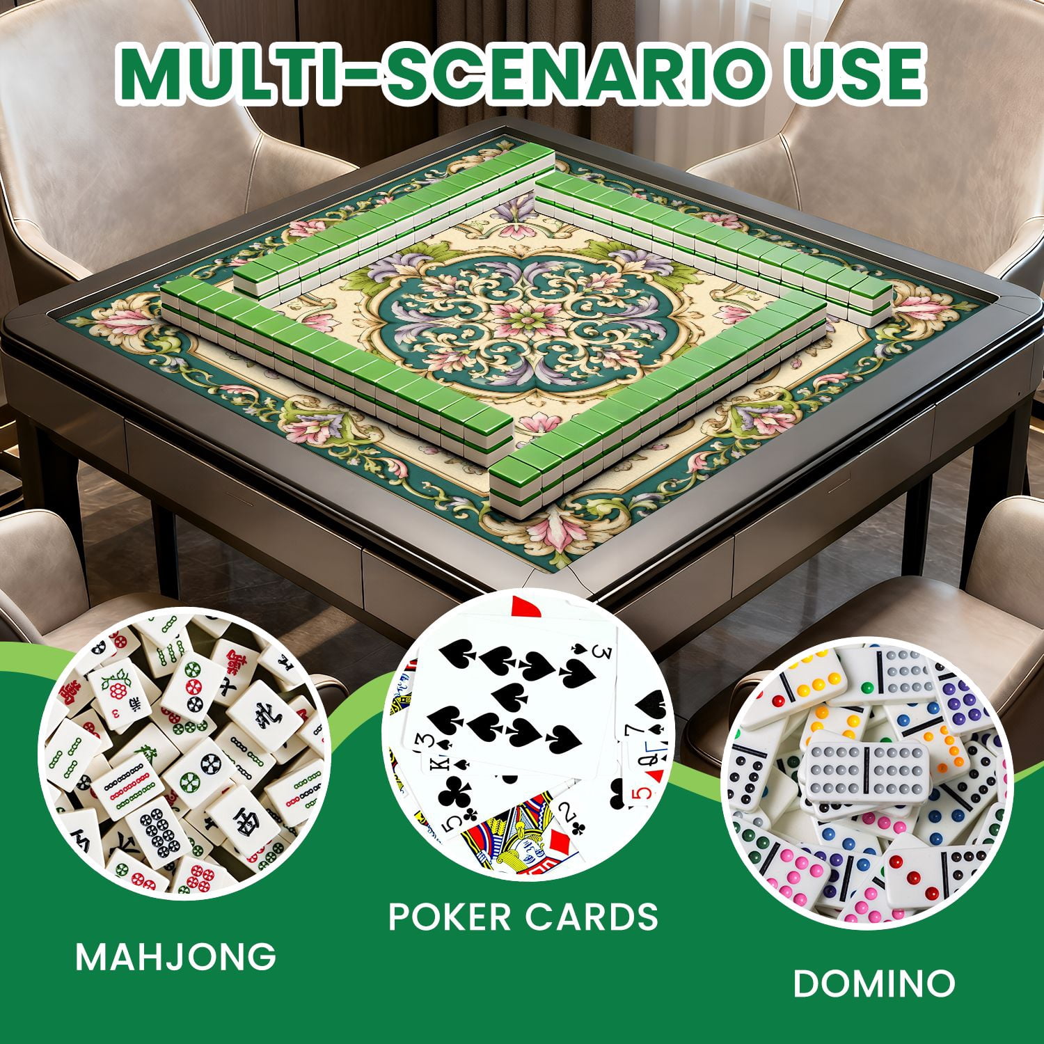 Mahjong Mat 31.5" x 31.5" Hand drawn artistic floral Non-Slip Noise Reduction Mahjong Tiles Table Cover for Dominoes Poker Card Board and Tile Games