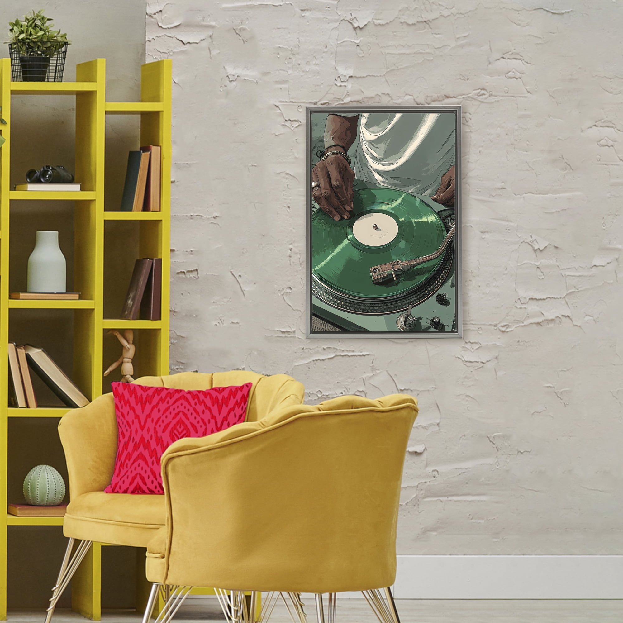 Stupell Industries DJ Spinning Green Record Gray Framed Floater Canvas Wall Art, design by Franklyn Gregory