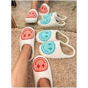 PacificPlex Womens Smiley Fuzzy Preppy Smile Slippers Retro Cozy Comfy Plush Warm Slip-on Happy Face Slippers Winter Casual Indoor Soft Fluffy House Shoes (9-10.5, Pink Lightning-Bolt)