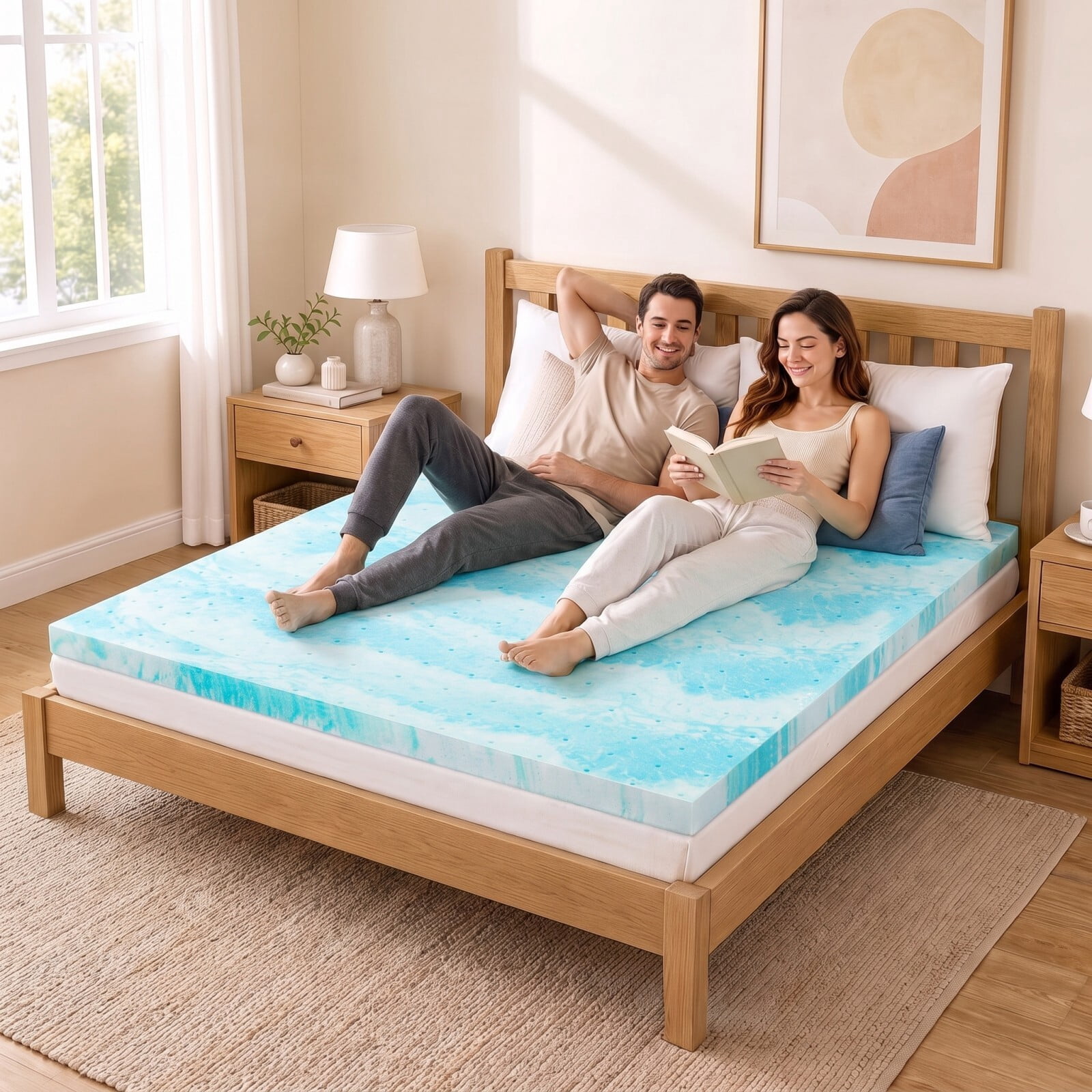 Kelno Full Size Mattress Topper 4IN Cooling Gel Memory Foam Ventilated Breathable Bed Topper for Pressure Relief, Swirl Blue