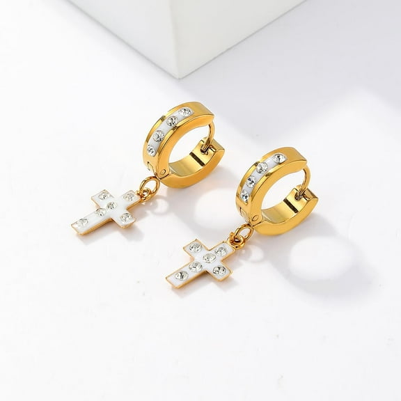 Gold Cross Hoop Earrings 18K Gold Plated Stainless Steel Rhinestone Fashion Minimalist 28x9mm for Unisex