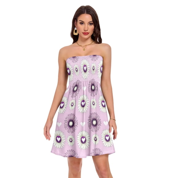 Dailycode Summer Dresses for Women Strapless Casual Beach Cover Ups Chamomile Flower with Heart Tube Top Sundress