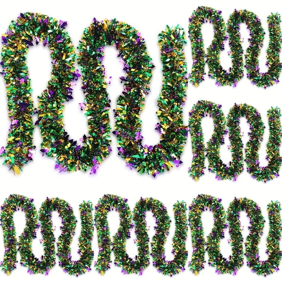 6.5 Feet Mardi Gras Tinsel Garland,6PCS Glitter Tinsel Garland for Mardi Gras Tree Decorations, Green Gold Metallic Fluffy Hanging Party Ornaments for Mantle/Ceiling/Stairs/Porch Outdoor Decor