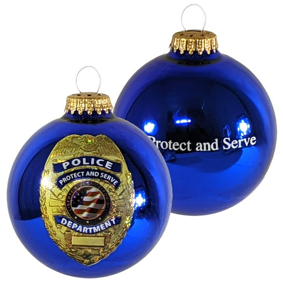 Christmas Tree Ornaments - 80mm / 3.25" Decorated Collectible Glass Balls from Christmas by Krebs - Handmade Hanging Holiday Decorations for Trees (Victoria Blue with Police Shield Gift)