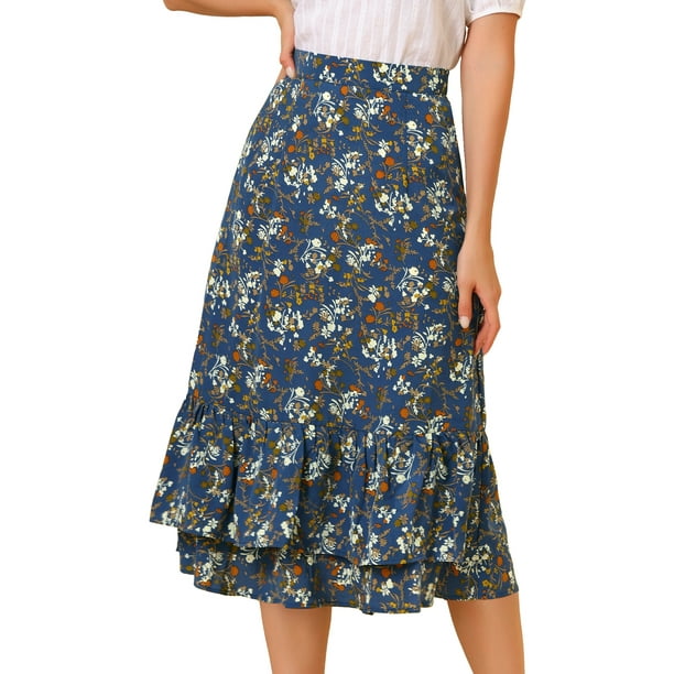 Falmidi fluicon dobladillo con volantes escalonados y cintuelástiestampapamujer Azul-Floral S