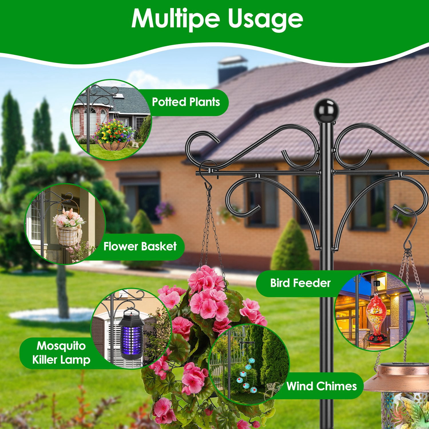 Adjustable Shepherds Hook with 5 Prong Base Dual Sided Hooks Sturdy Iron Garden Hanger for Bird Feeders Lanterns Flower Baskets Black