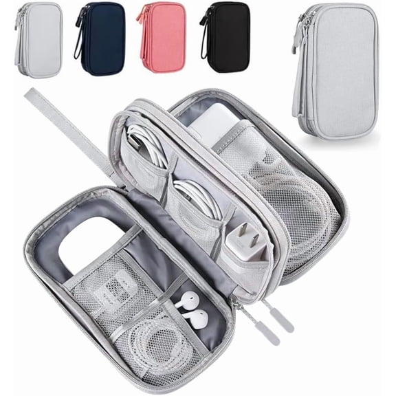 Travel Cable Organizer Pouch, Double Layers All-in-One Storage Bag for Cord, Portable Waterproof Electronic Accessories Carry Case, For Cord, Charger, Earphone, Mobile Phone, SD Card (Gray)