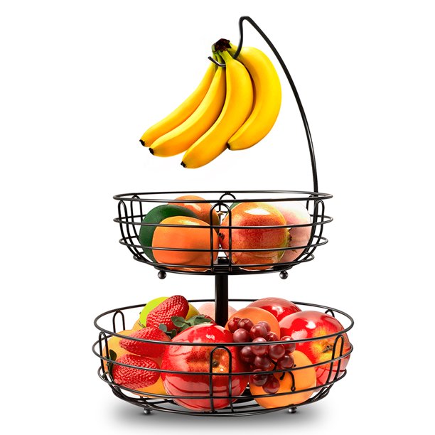 2 Tier Black Fruit Basket Bowl,Fruit and Vegetable Bowl with Banana