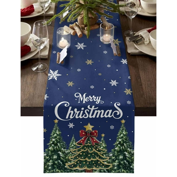 Christmas Table Runner Merry Christmas Tree Table Runners Pine Tree Forest Navy Blue Cotton Linen Dresser Scarf Kitchen Dining Table Decor for Christmas Holiday Party Decor 13x72 Inch