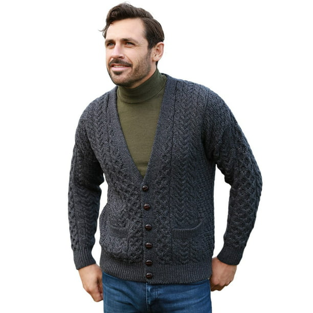 Irish Cardigan for Men 100% Premium Merino Wool Aran Sweater Made in ...