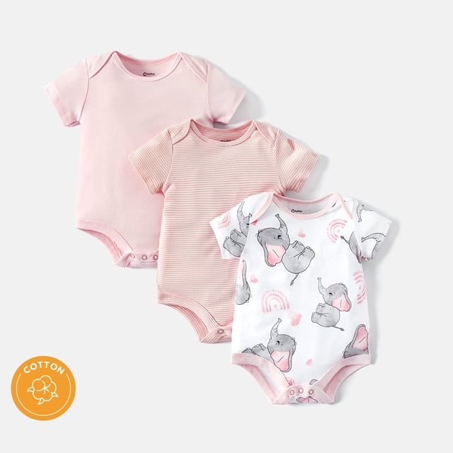 PatPat Baby Girl Clothes 3-Pack Baby Rompers Dinosaur Solid Color Short Sleeve Cotton Romper, 中性宝宝6-9月