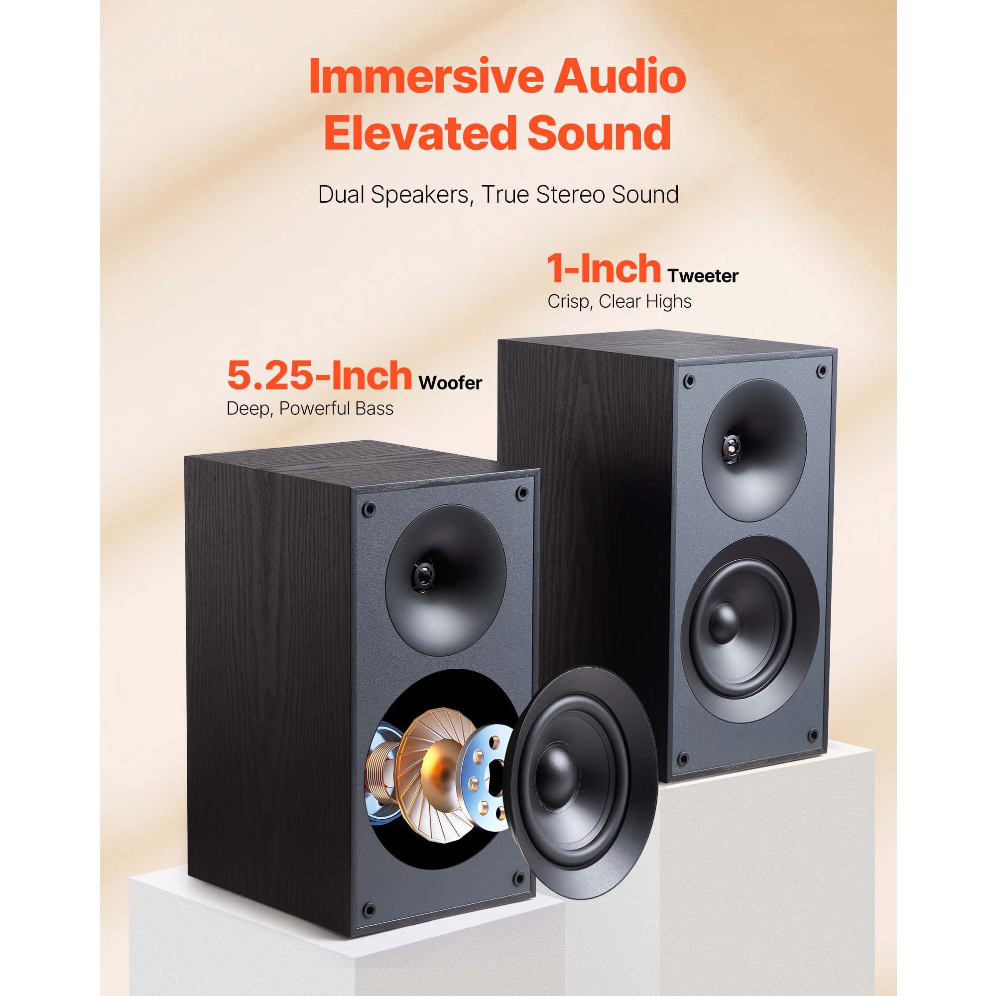 KFFKFF Passive Bookshelf Stereo Speakers with 5.25-Inch Woofer and 1-Inch Tweeter, 65Hz-20KHz Frequency Range, 300W, Black