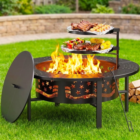 TrumanPick Fire Pit for Outside 42" Wood Burning Fire Pit Tables with 2 Adjustable Swivel BBQ Grills, Lid, Poker for Patio Backyard BBQ Ice Storage