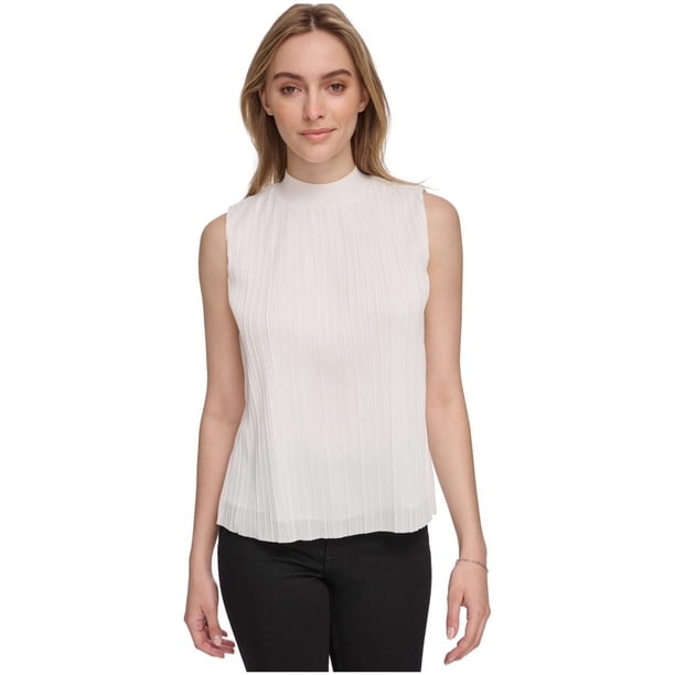 Calvin Klein Womens Plisse Mock Neck Halter Top Shirt, white, XS