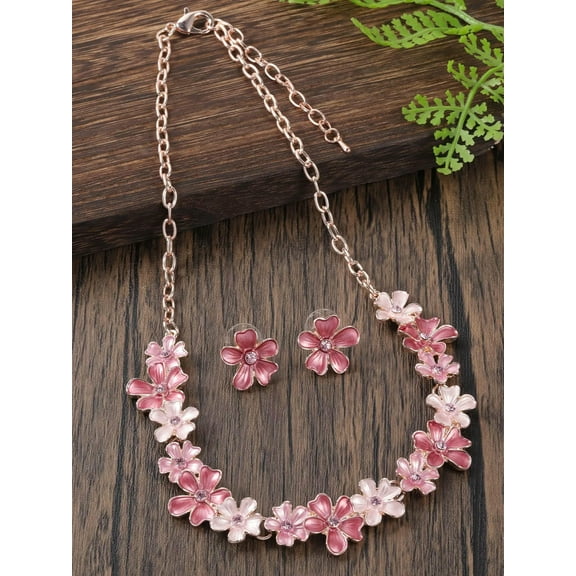 EOEMY 1Pc Necklace & 1Pair Delicate Elegant Pink Colored Flower Enamel Coated Alloy-Default